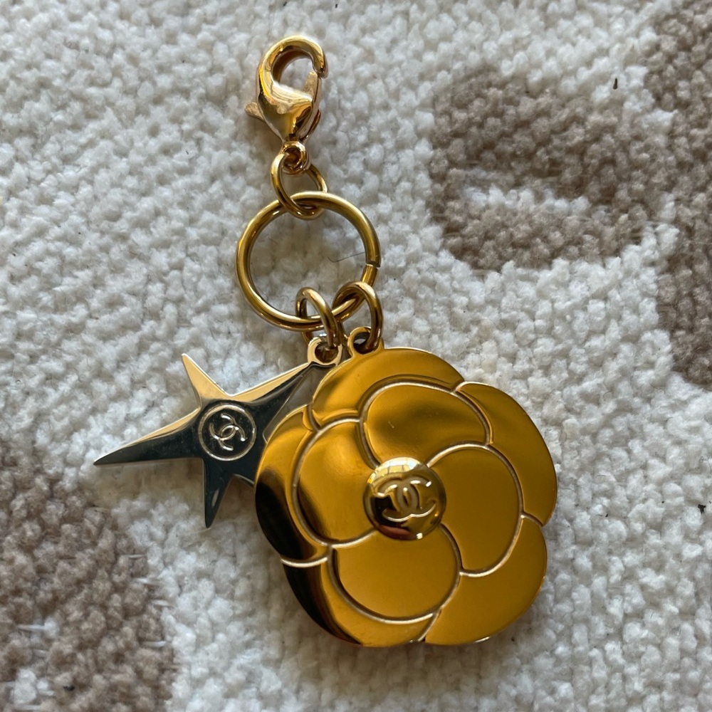 CHANEL Gold and Silver Flower Charm Keychain